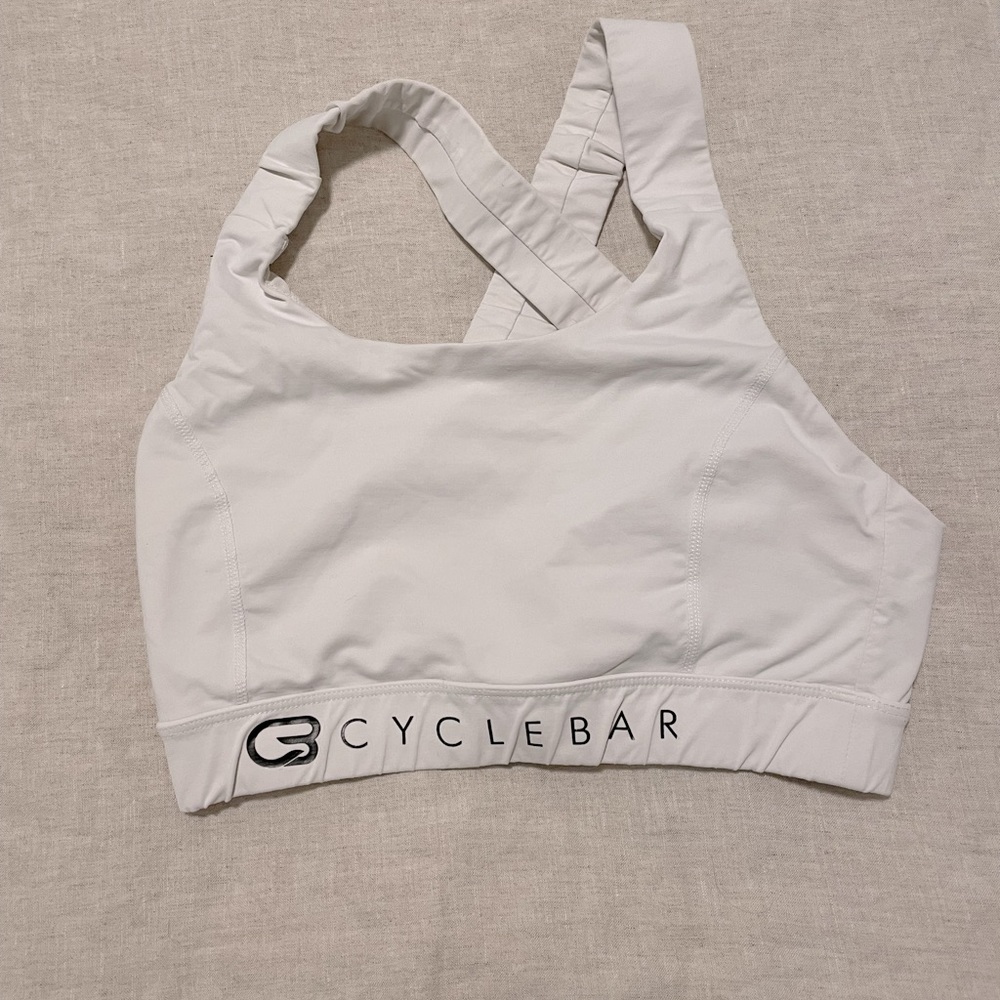 Glyder brand white sports bra CYCLEBAR logo